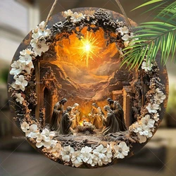 Nativity Scene Wooden Sign Guard Jesus Christmas Wreath Round Sign for Church Door Wall Hanging Decor Ideal Gift for Christian