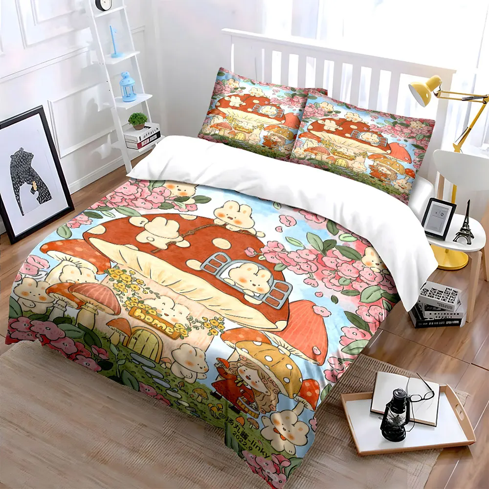 Mushroom fairy forest, bunnies and girl Pattern Duvet Cover Set Digital Print Colorful Polyester Bedding with Zipper Closur