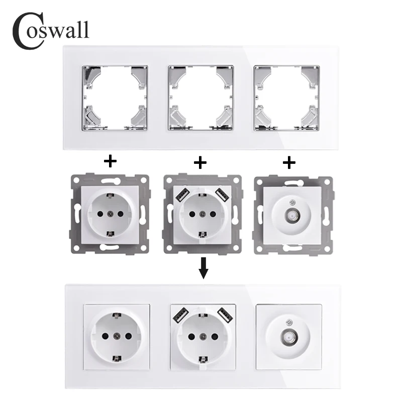 COSWALL HG Series White Glass Panel Wall Light Switch EU Standard Socket USB Charging CAT6 Internet Satellite TV Module DIY