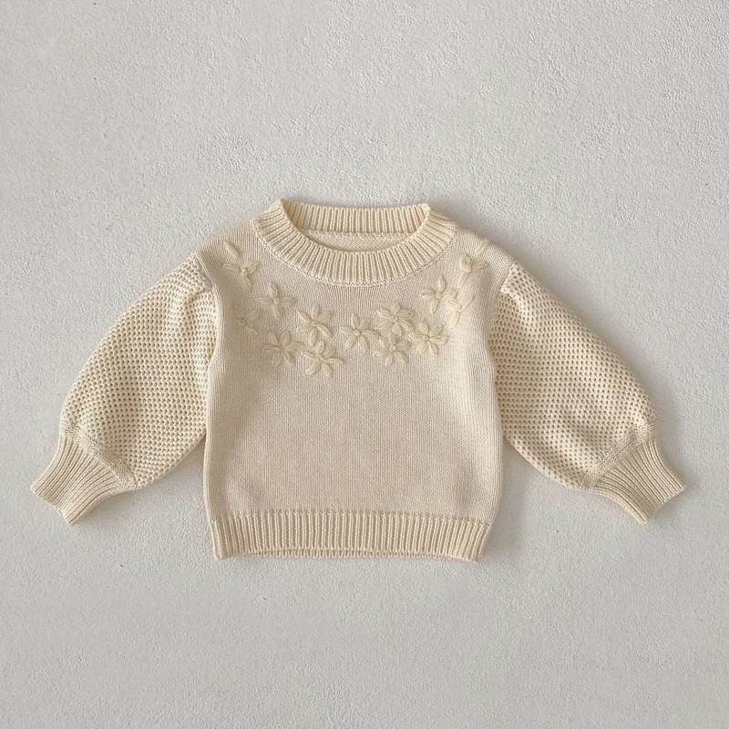 Autumn New 0-3 Year Old Baby Clothing for Girls Handmade Embroidered Round Neck Pullover Sweater Knitted Cotton Top