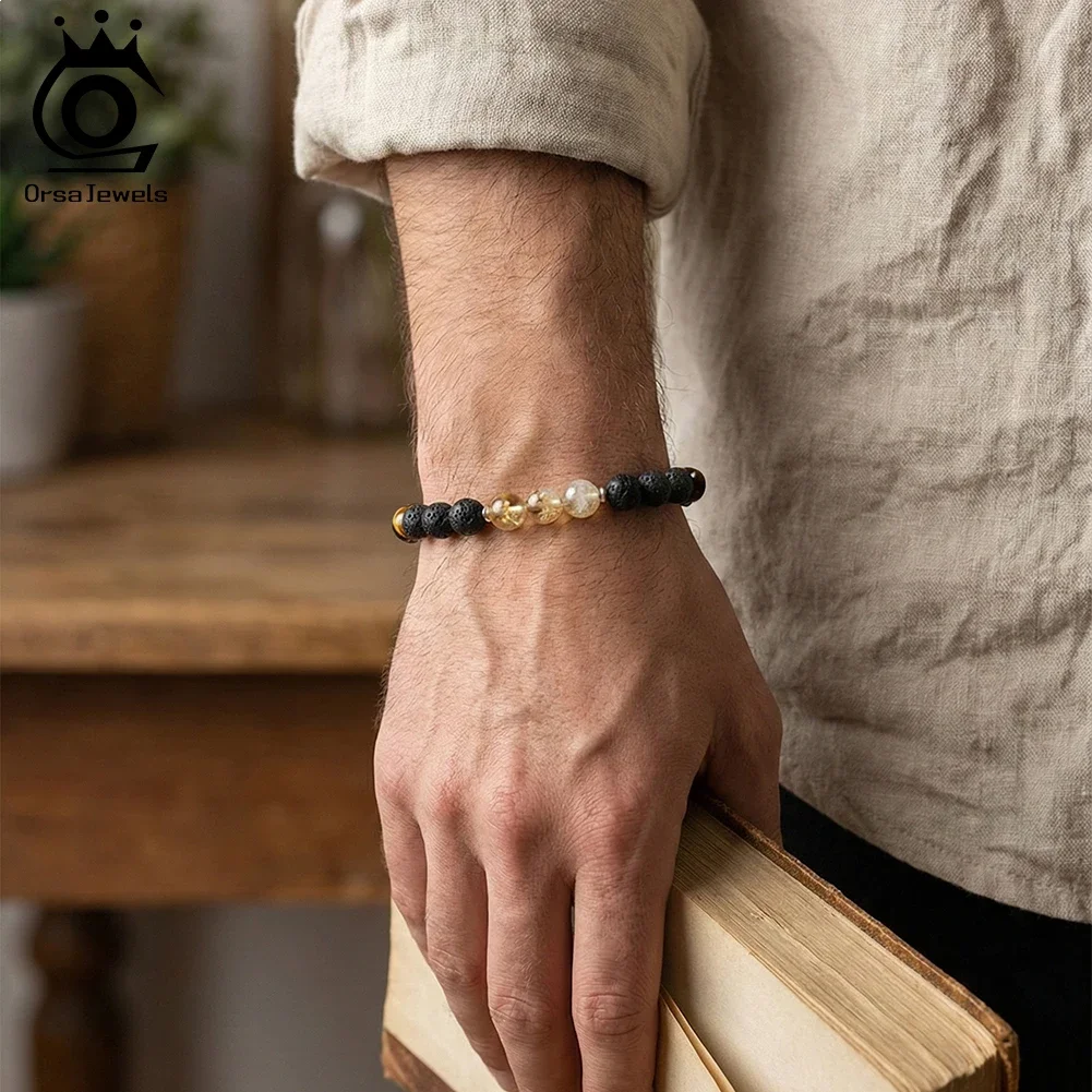 

ORSA JEWELS S925 Natural Obsidian Tiger Eyes Stone Bracelet for Men Women Spiritual Crystal Beads Anxiety Relief Jewelry GMB82