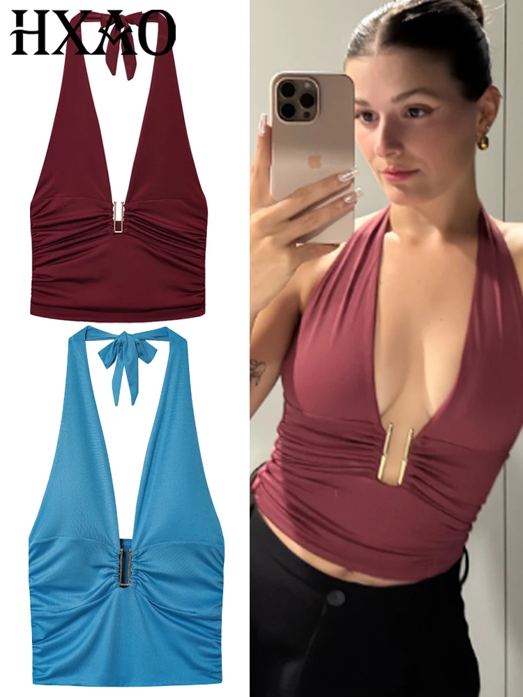HXAO Top Damen Neckholder Bustier Damen Sommer Top Enges Plissee Abgeschnitten Ärmellos Neckholder Tanks & Camis Crop Tops Damen