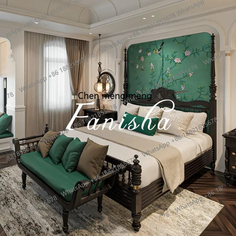 

French black solid wood bed master bedroom queen European carved 1.8 meters wedding bed American double bed bedroom