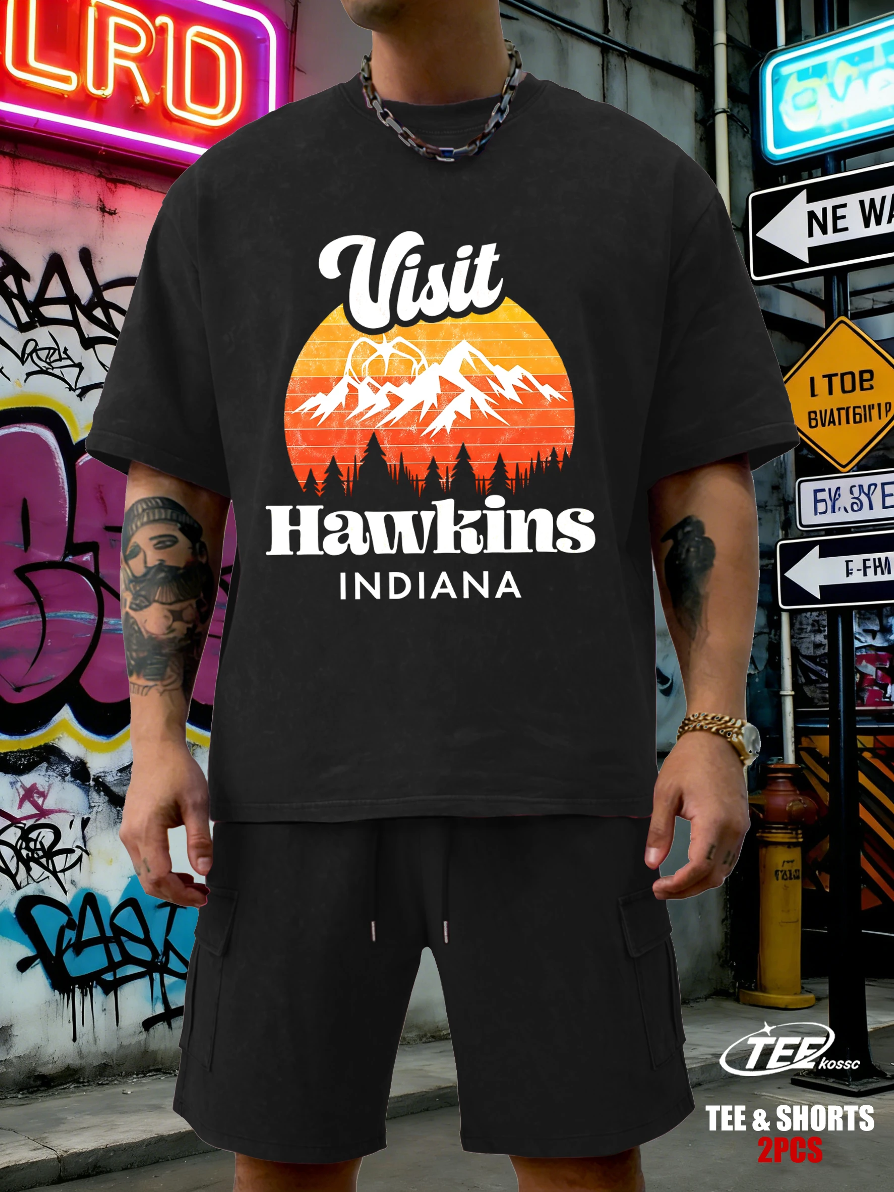 

Новая летняя футболка Visit The Scenery Of Hawkins Snow Wash для мужчин, мягкий модный комплект с шортами, унисекс, хлопковая одежда с круглым вырезом