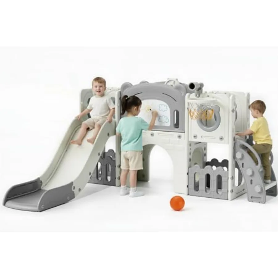 

10-in-1 Large Toddler Slide Set Slide Climber Playset with Drawing Board Basketball Hoop Sturdy Baby Playground Indoor Outdoor