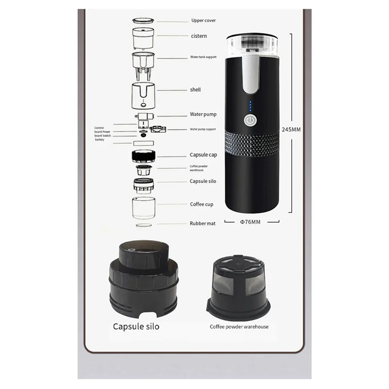 ماكينة القهوة الكهربائية اللاسلكية A44T 2X بقدرة 1200 مللي أمبير في الساعة قابلة لإعادة الشحن عبر USB للسفر والسيارة والمنزل المحمولة أوتوماتيكية بالكامل