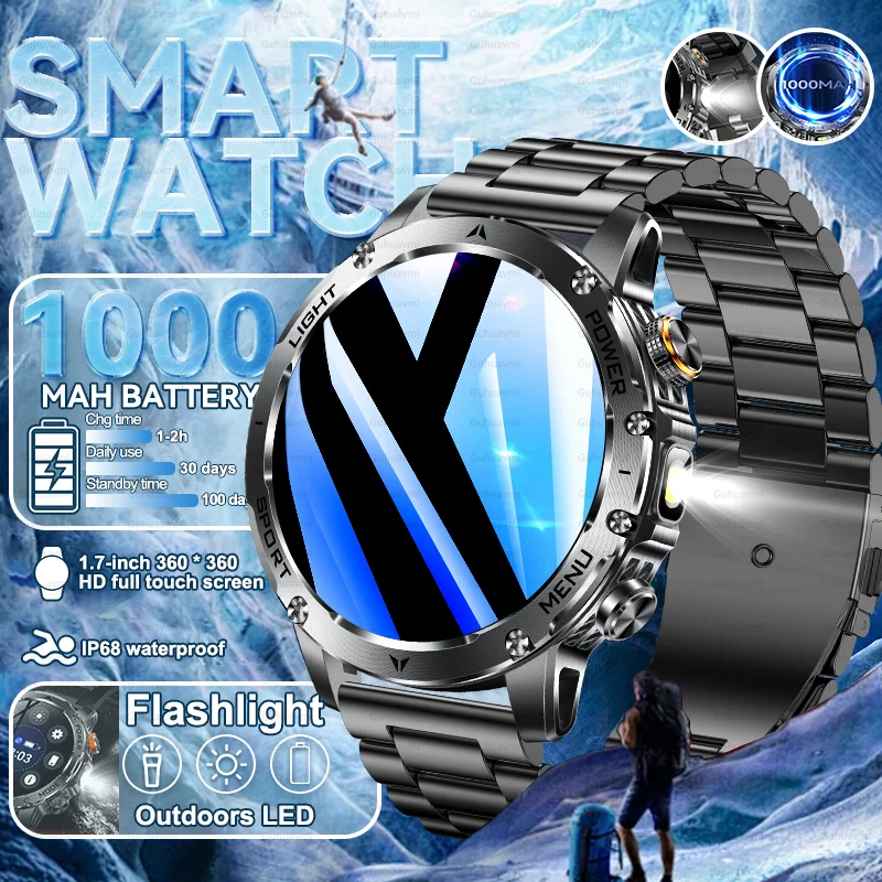 

Новинка 2025 года, мужские военные уличные умные часы с аккумулятором 1000 мАч TREX3, 1,7 дюйма, HD светодиодный фонарик, водонепроницаемые умные часы с Bluetooth и вызовом