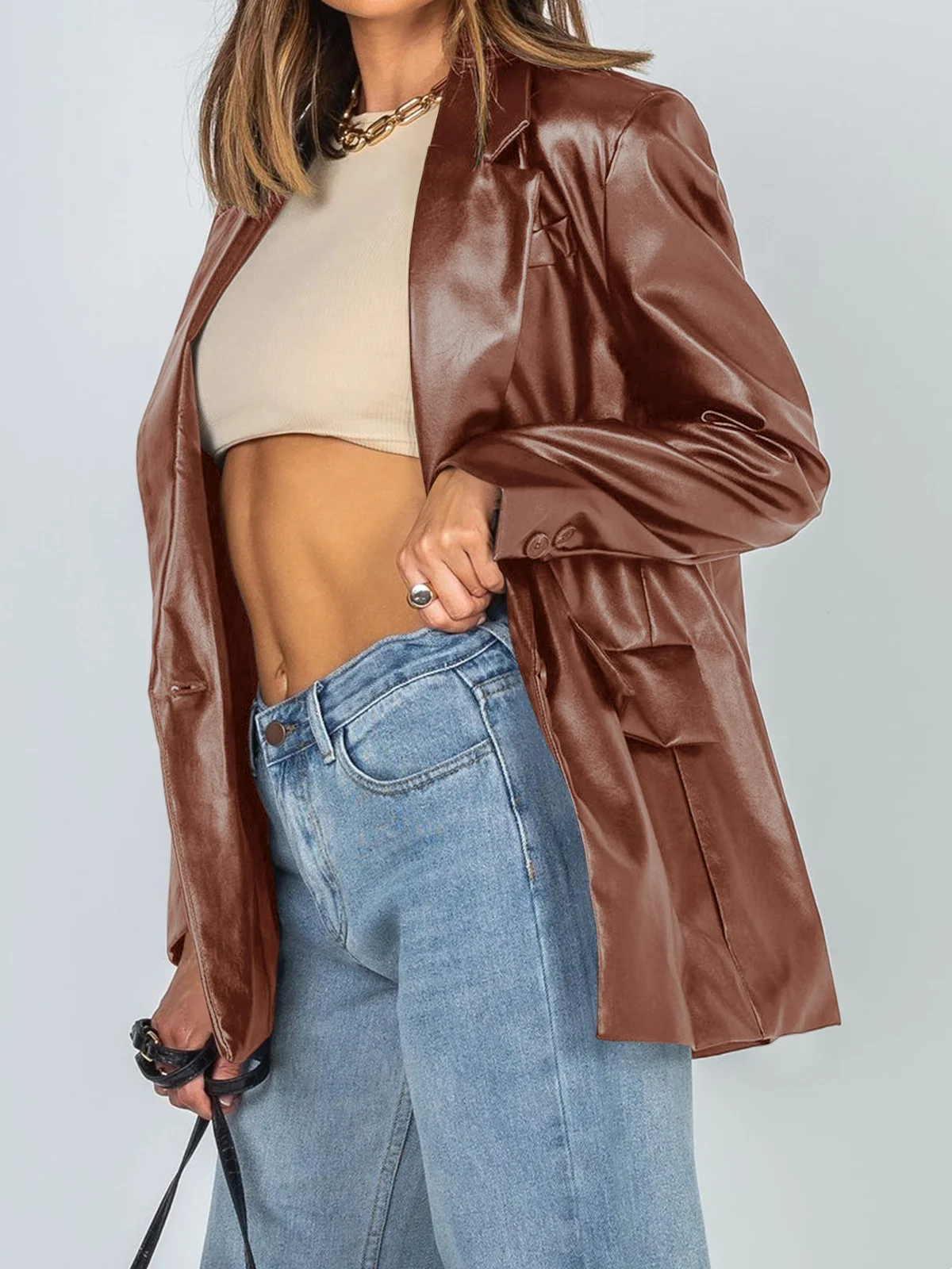 Solid Color Oversized Leather Jacket Long Sleeve Faux Leather Blazer Women Lapel Single Button Pockets Coat Fashion Streetwear