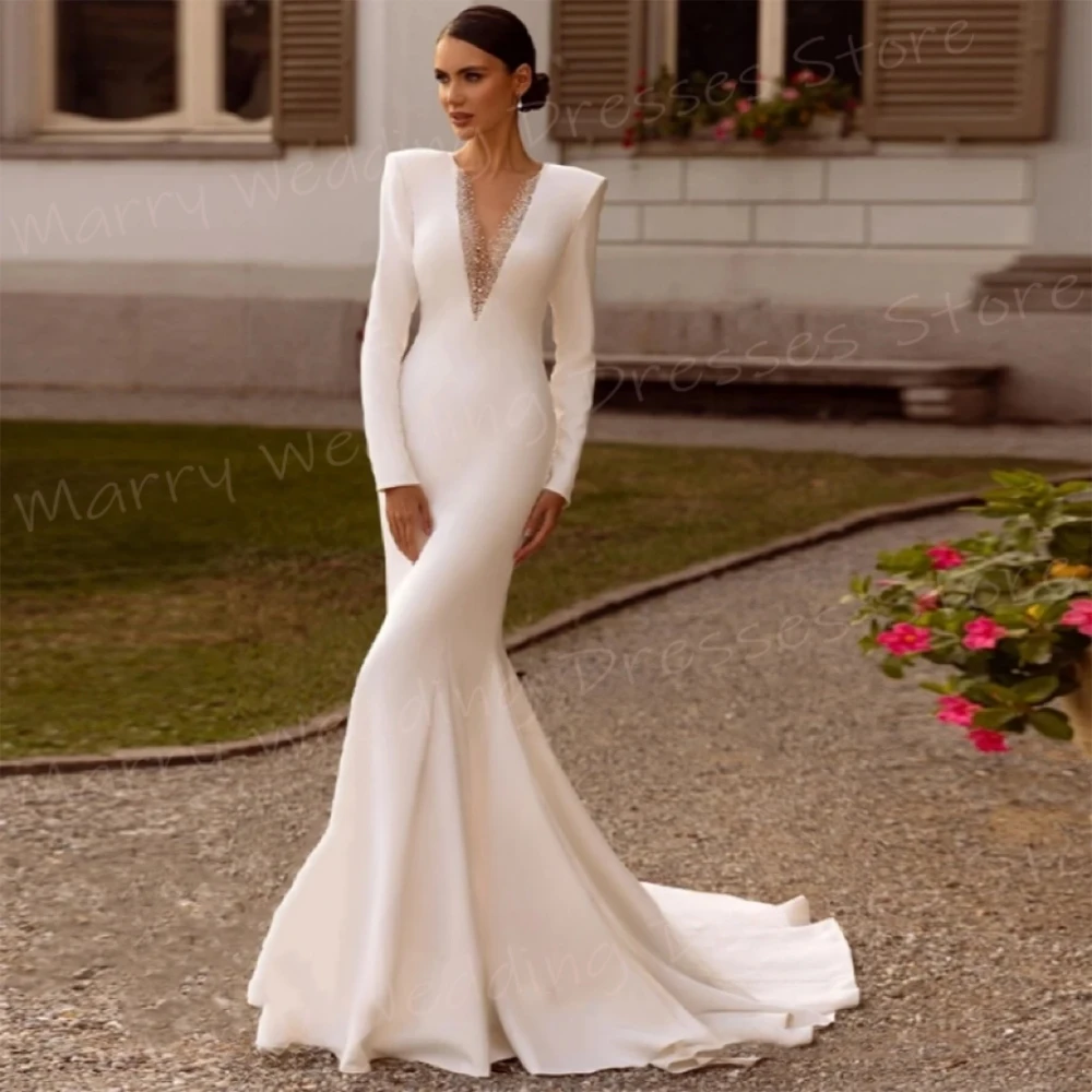 Abiti da sposa da donna alla moda a sirena Abiti da sposa sexy affascinanti con scollo a V profondo Abiti da sposa classici a maniche lunghe personalizzati