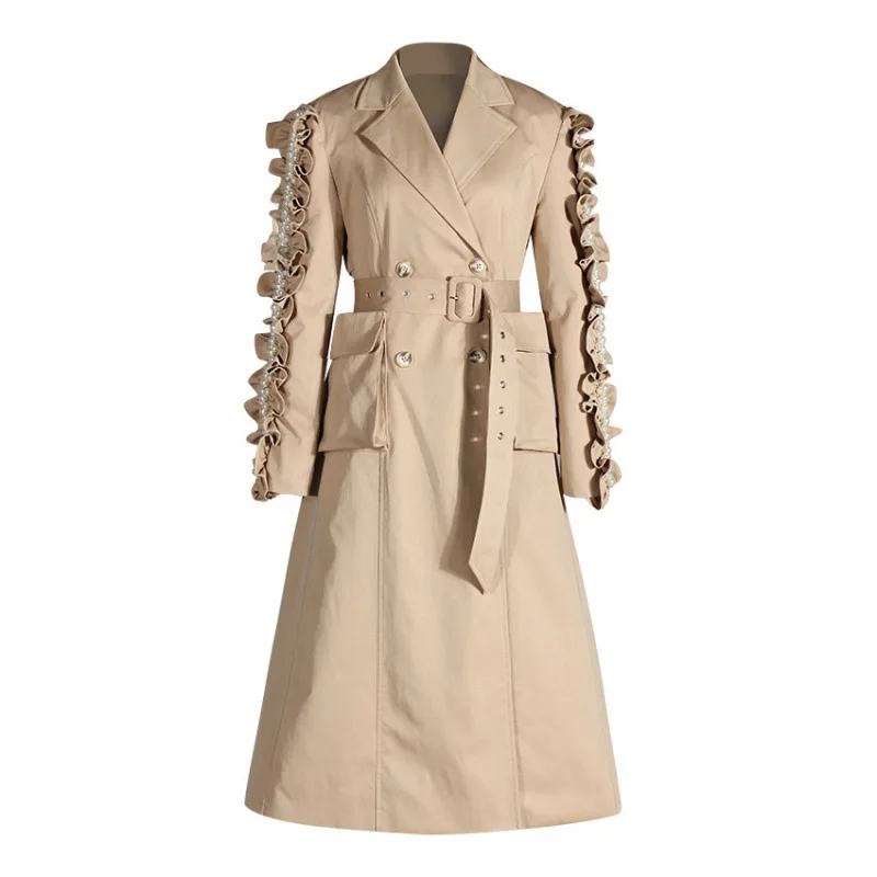 

SuperAen Korean Style Notched Pearls Edible Tree Fungus Double-breasted Long Trench Coat for Women Fashion Waist Coats