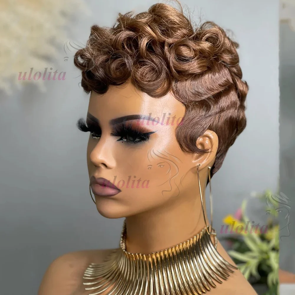 Lockige, kurze Pixie-Cut-Perücken für Frauen aus Echthaar in Schokoladenbraun # 4 farbige, vollständig maschinell gefertigte Perücken, Bob-Perücke, peruanische Haarperücken – Detail 2