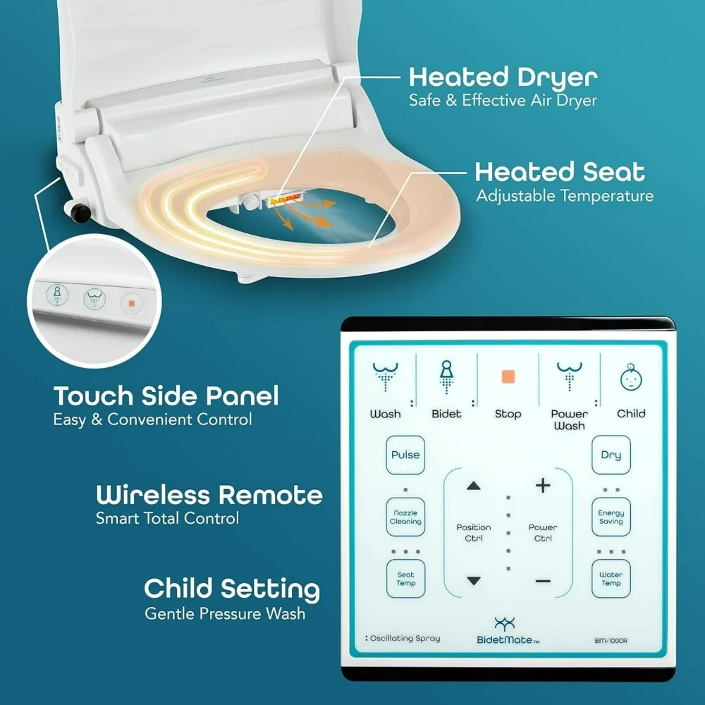 Smart Toilet with Heated Water, Wireless Remote, and Warm Air Dryer - Adjustable and Self-Cleaning - Multiple Wash Settings