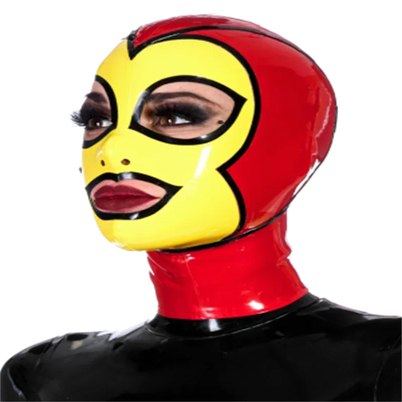 

Latex Rubber Hood Mask Handmade Black Sexy Fetish Open Eyes Lips with Red Trim for Men Women Halloween Cosplay Costumes