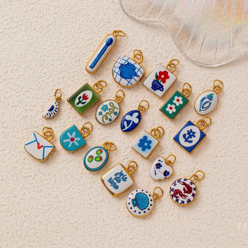 Pretty Flower Print Stainless Steel Pendant Charms with Shell Swallow Letter for Crafters