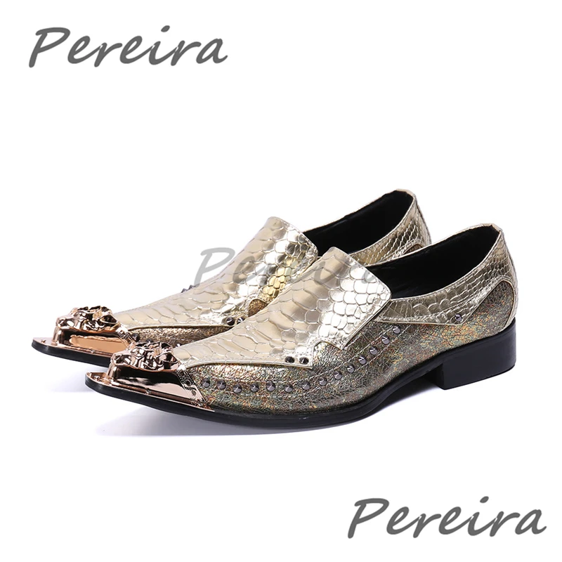 Men's Gold Snake Patterned Formal Shoes Summer Iron Pointed Toe Cowhide Casual Business Shoes Trendy Banquet Party Dress Shoes