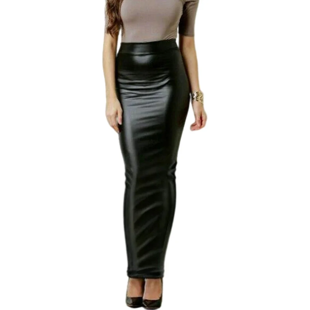 Damska długa spódnica Bodycon Czarna wysoka talia Pu skóra Obcisłe spódnice Maxi Klubowe stroje imprezowe Elegancka spódnica ołówkowa Saia faldas Big Plus