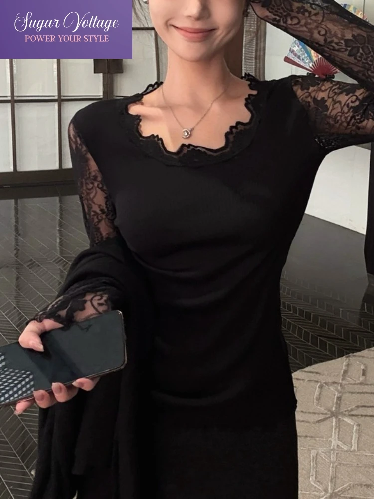 

Autumn New Korean Fashion Elegant Sexy Knit Tops Women Slim Fit Lace Hollow Out Long Sleeve Shirt Hot Girl Wind Casual Blouse