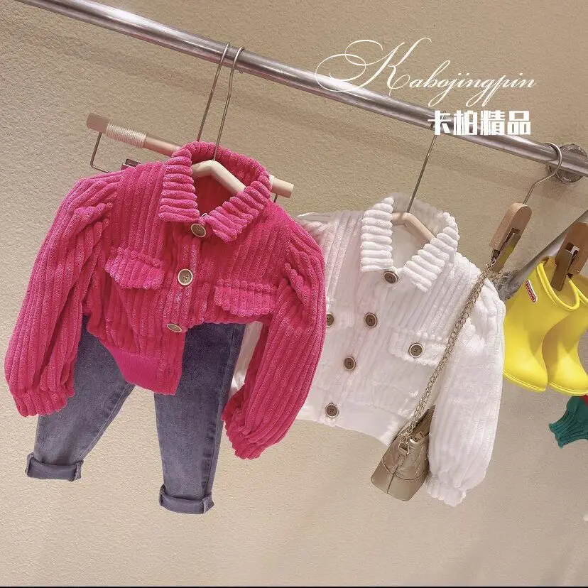 Girls Coat 2025 New Bubble Sleeve Corduroy Top Spring and Autumn Fashion Design Sense Outerwear Korean Trend