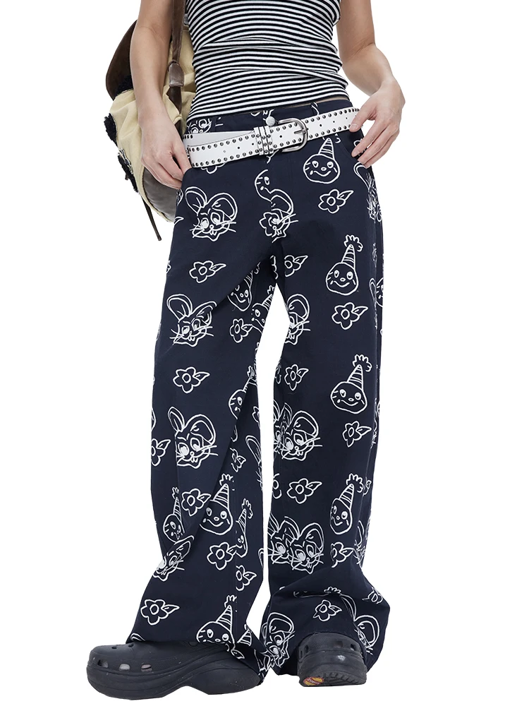 MOF Girl Versatile Black White Graffiti Wide Leg Casual Workwear Trousers High Waist Straight Cut Non-Stretch Denim Jeans