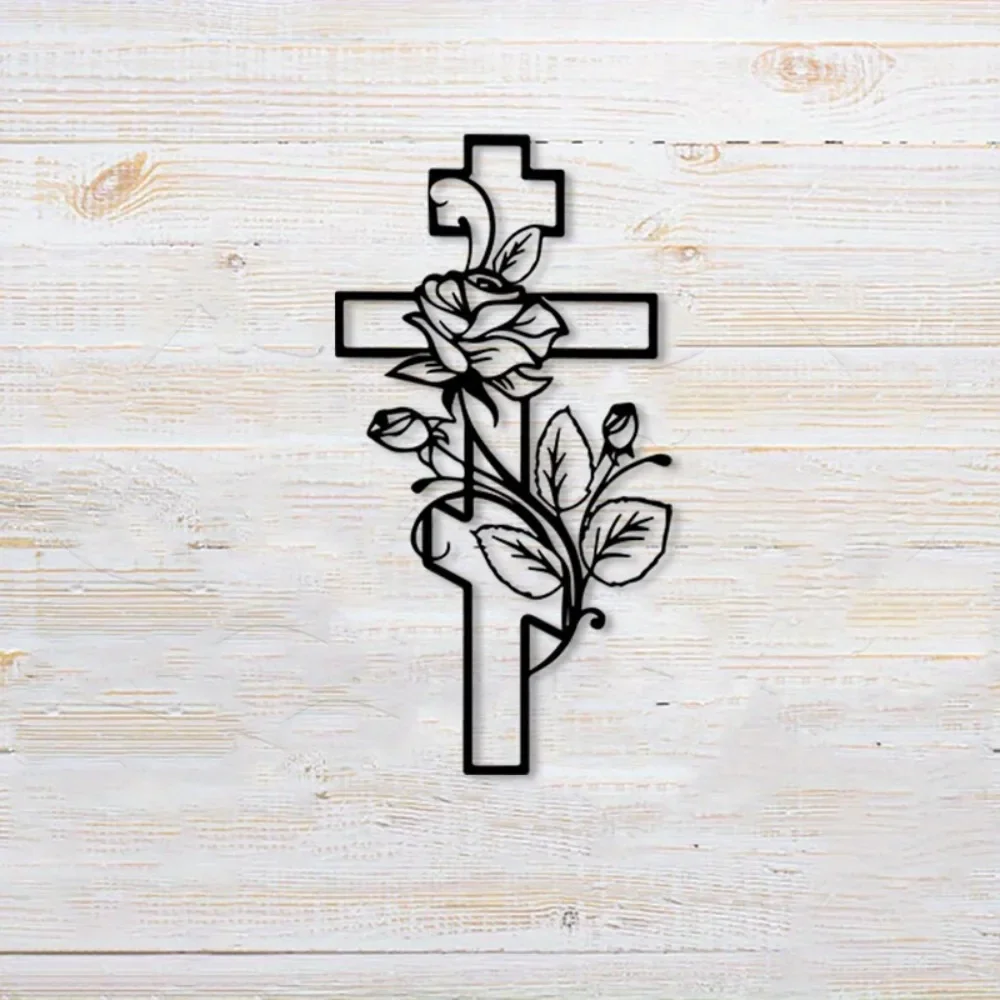 CIFBUY Rose Cross Metal Wall Art Black Iron Religious Sculpture Mural Kitchen Living Room Christian Gift Home Decor Hanging