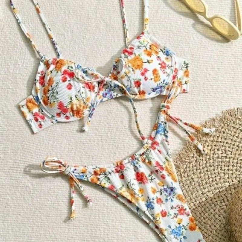 Vinatetg ارتفاع الخصر مجموعة البكيني المرأة بروتيل قطع القمم عطلة نمط الأزهار سترة ملابس السباحة بحر مثير 2025 صيف جديد