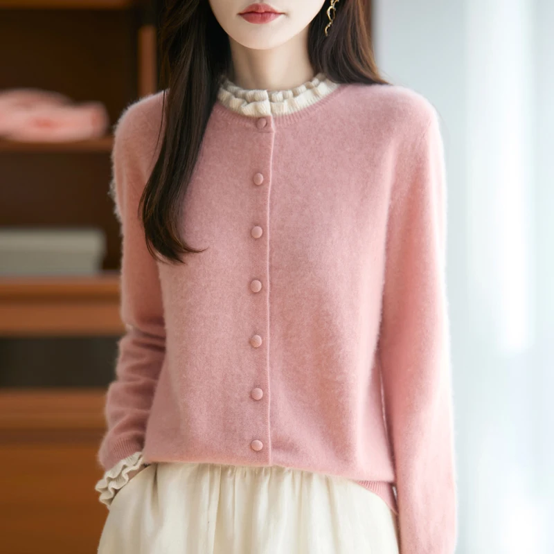 

Fashion Women Wool Cardigan Sweater Soft Grace Fringe collar 100% Merino Wool Knitwear Female Spring Autumn Winter Clothes Tops