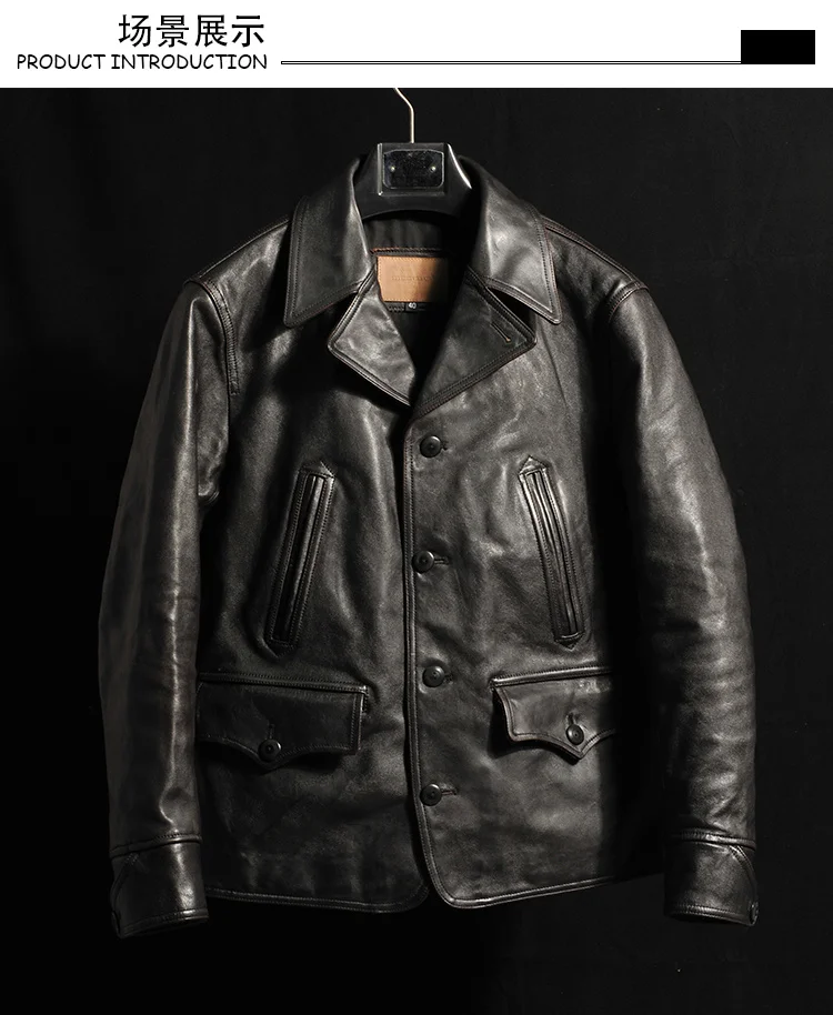 genuine Free shipping.high quality leather jacket.men tea core black tanned horsehide clothes.wholesales.japanese style