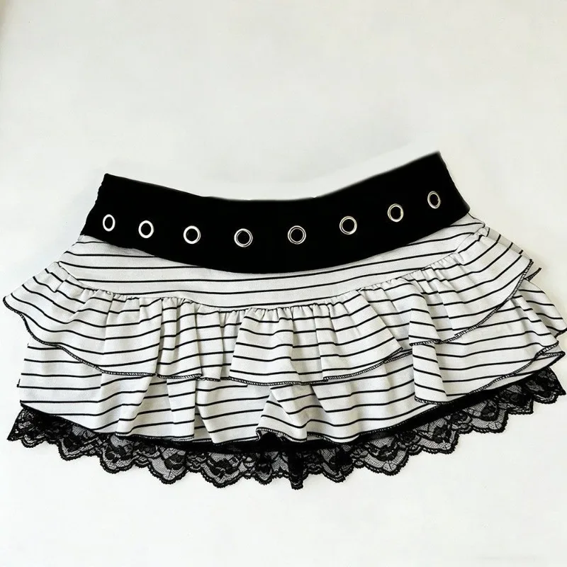 Y2K Harajuku Lace Patchwork Mini Skirts Women Punk Subculture Stripe Print Slim Skirts Summer Grunge Fashion A-line Skirt New