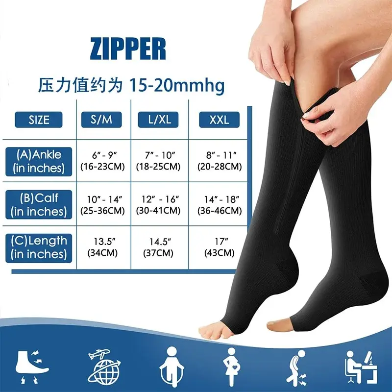 Zipper Open Toe Compression Socks Zipper Compression Socks Long Calf Compression Socks Venous Elastic Socks