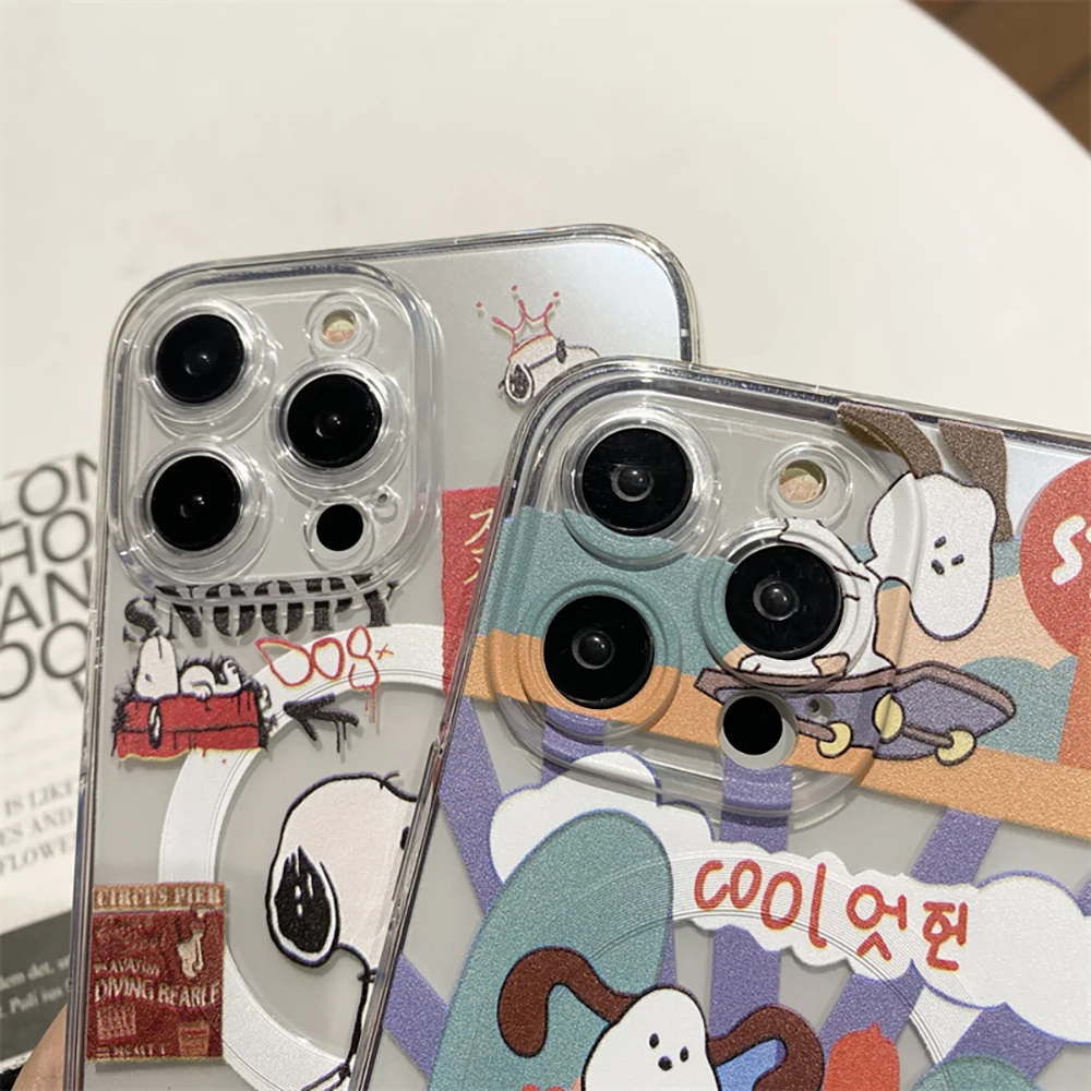 Cartoon Snoopies for Magsafe Magnetic Bracket Phone Case for IPhone 16 15 14 13 12 11 Pro Max Plus Anti-fall Clear Back Cover