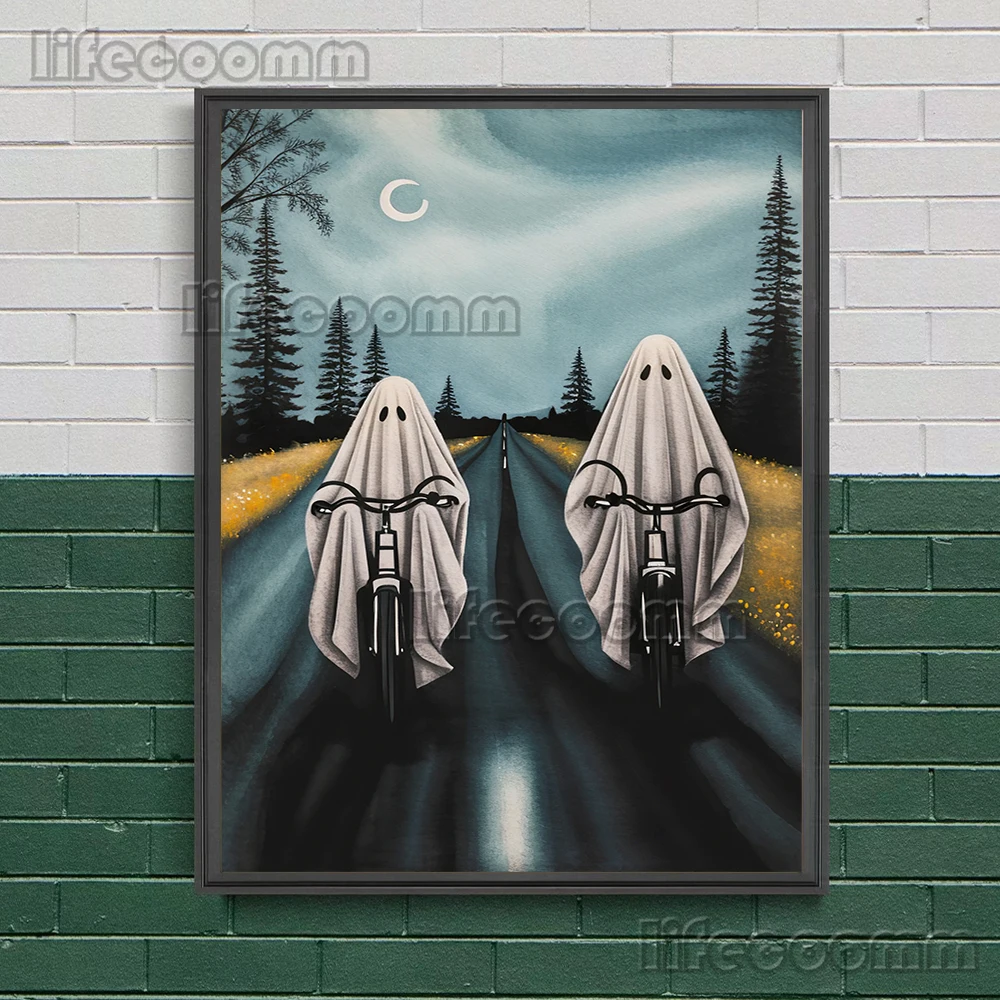أشباح على الدراجات والأشباح في الغابة خمر الرسم على لوحات القماش الجدارية ورقة بيضاء شبح ملصق فني وطباعة ديكور المنزل #2