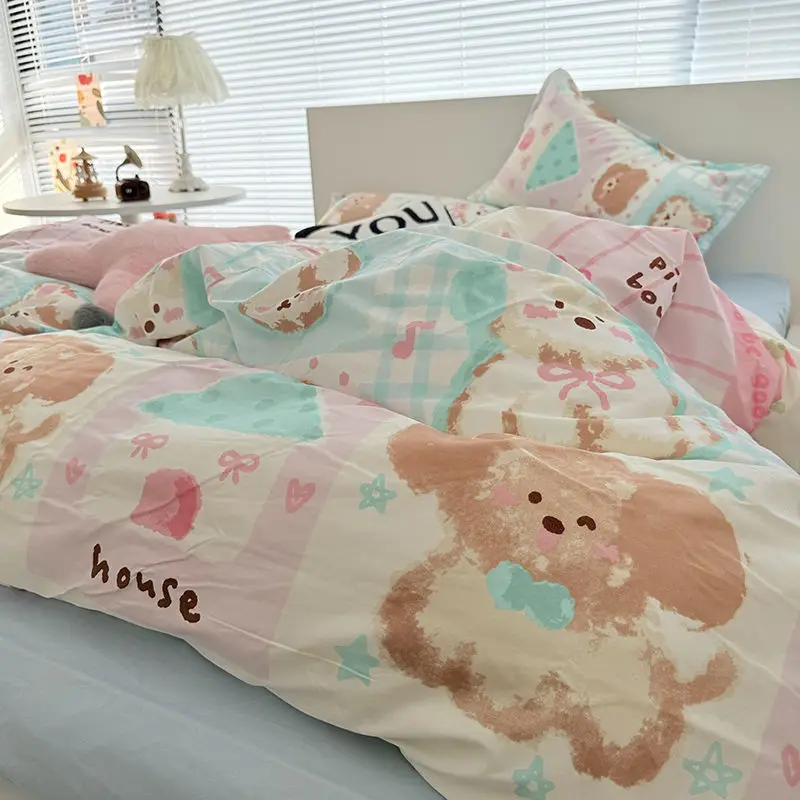 Lindo juego de cama para perros sin relleno Ins niños oso doble tamaño Queen sábana plana fundas de almohada funda nórdica regalo favorito para niños y niñas