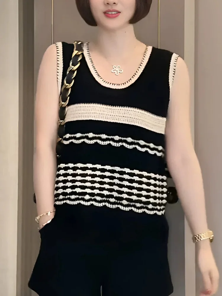 

Летний свободный вязаный топ без рукавов, цветная блузка, дизайн, модный женский жилет прямого кроя, корейский сле