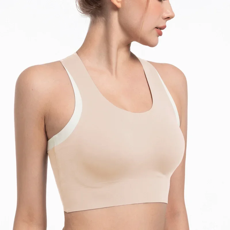 One-piece nude feeling seamless back sports underwear women's shock-proof and breathable integrated cup yoga Pilates fitness tra