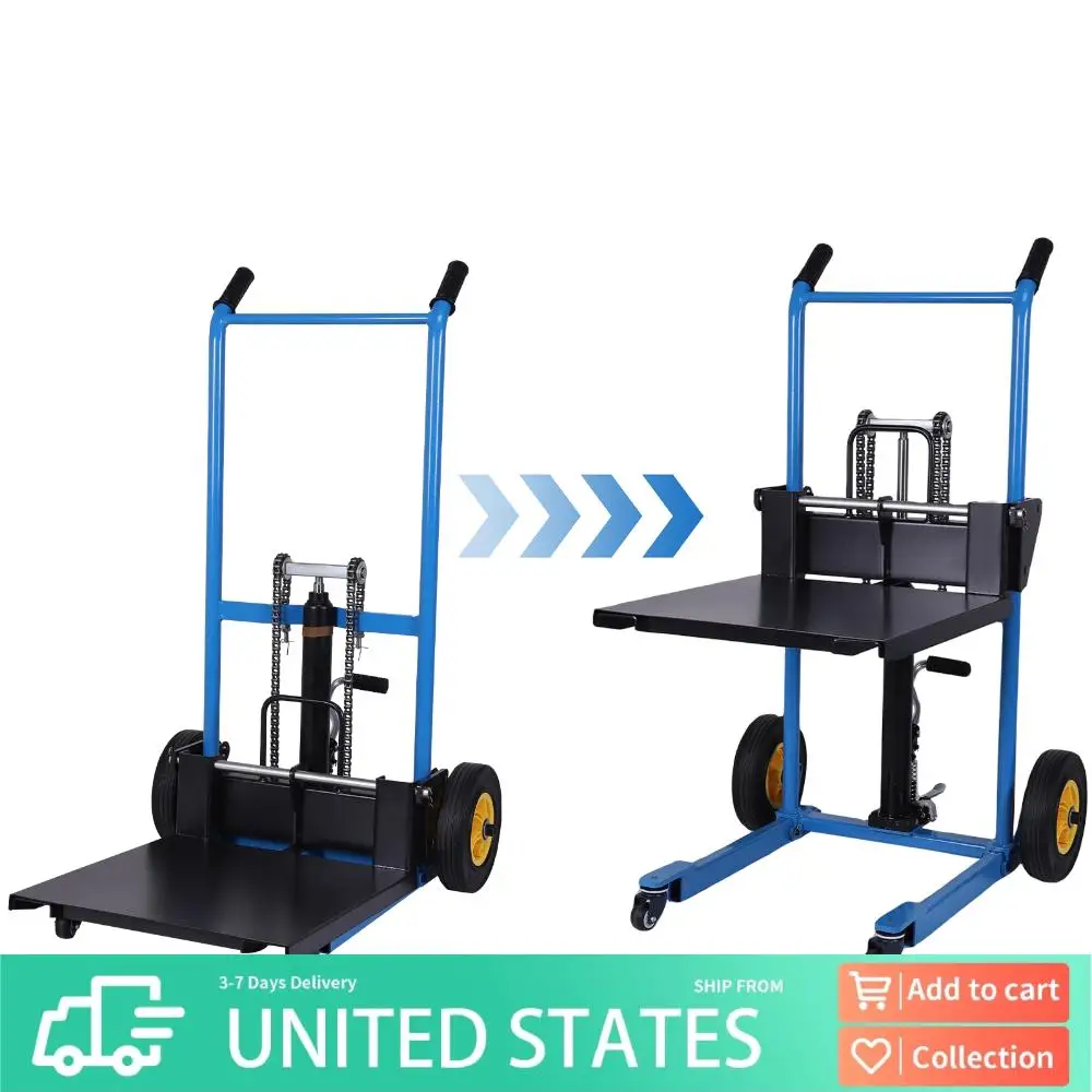 

Material Lift Winch Stacker 450 lbs Capacity Pallet Stacker Lifting Height Pallet Truck Dolly Swivel Casters Lift Table Cart
