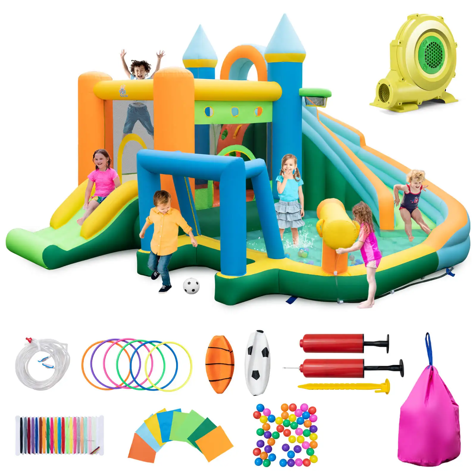 

Inflatable Water Slide Kids Blow up Water Park w/Climbing Wall 735W Blower