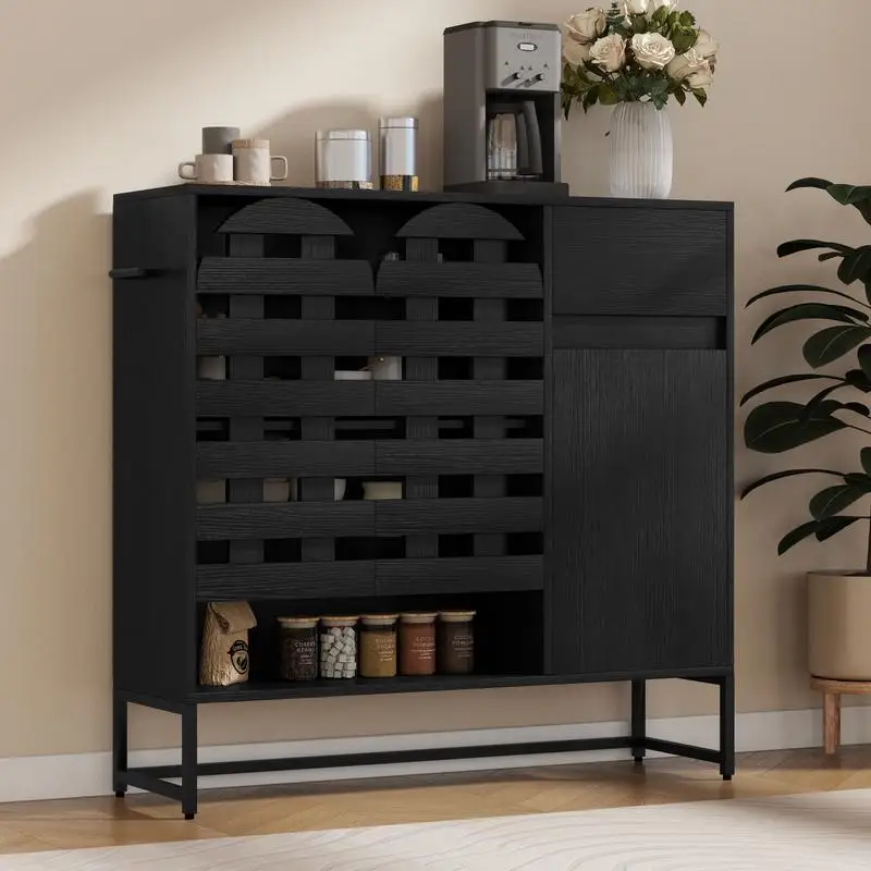 Schwarzer Buffetschrank mit gewebter Tür und Stauraum, 44,49-Zoll-Akzentmöbel, gewölbte Türen, mehrschichtige verstellbare Regale, Metall