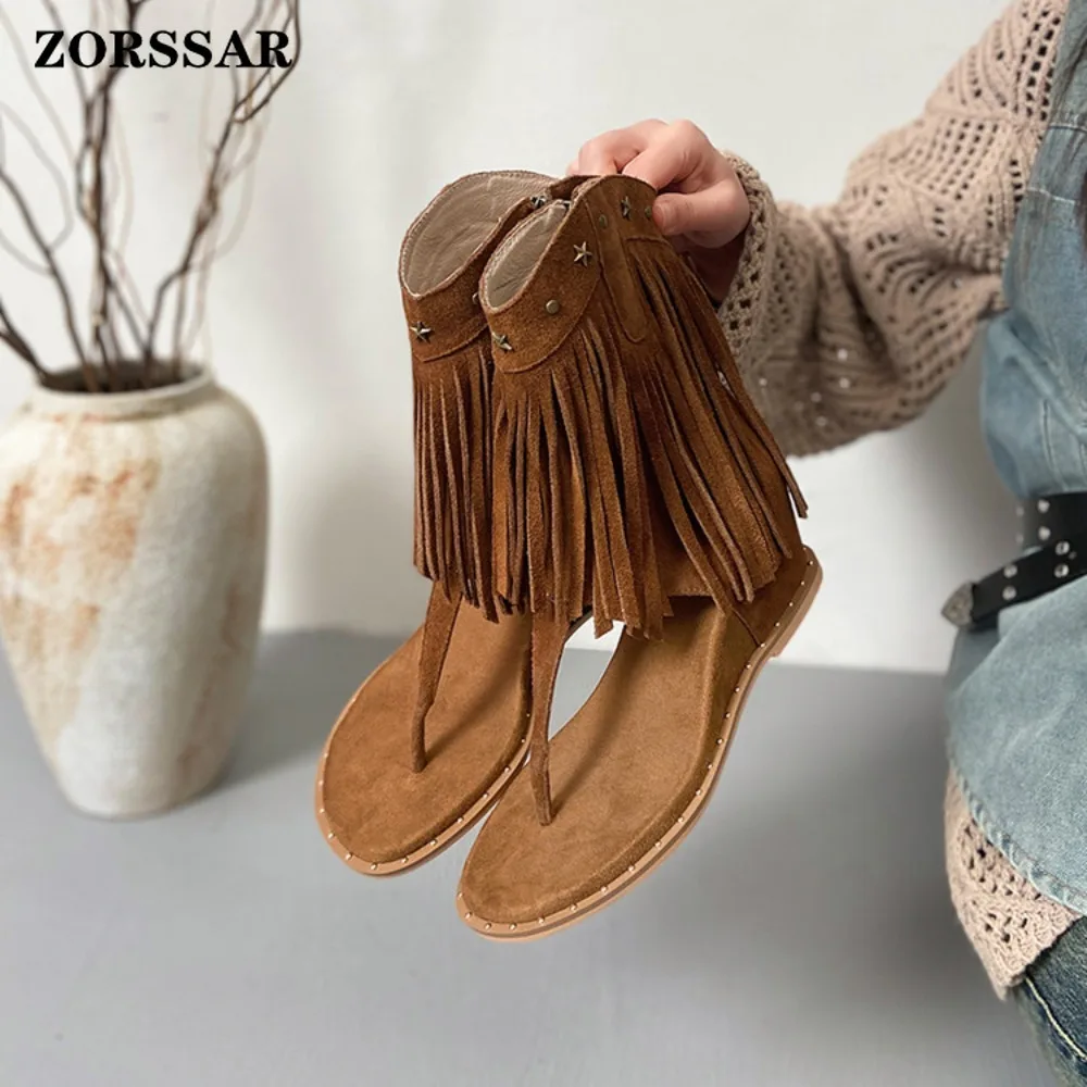 Women's Fringe Decor Studded Thong Toe Wedge Sandal Boots, Mid Calf Gladiator Platform Shoes, Casual Summer Footwear for Ladies - view 2