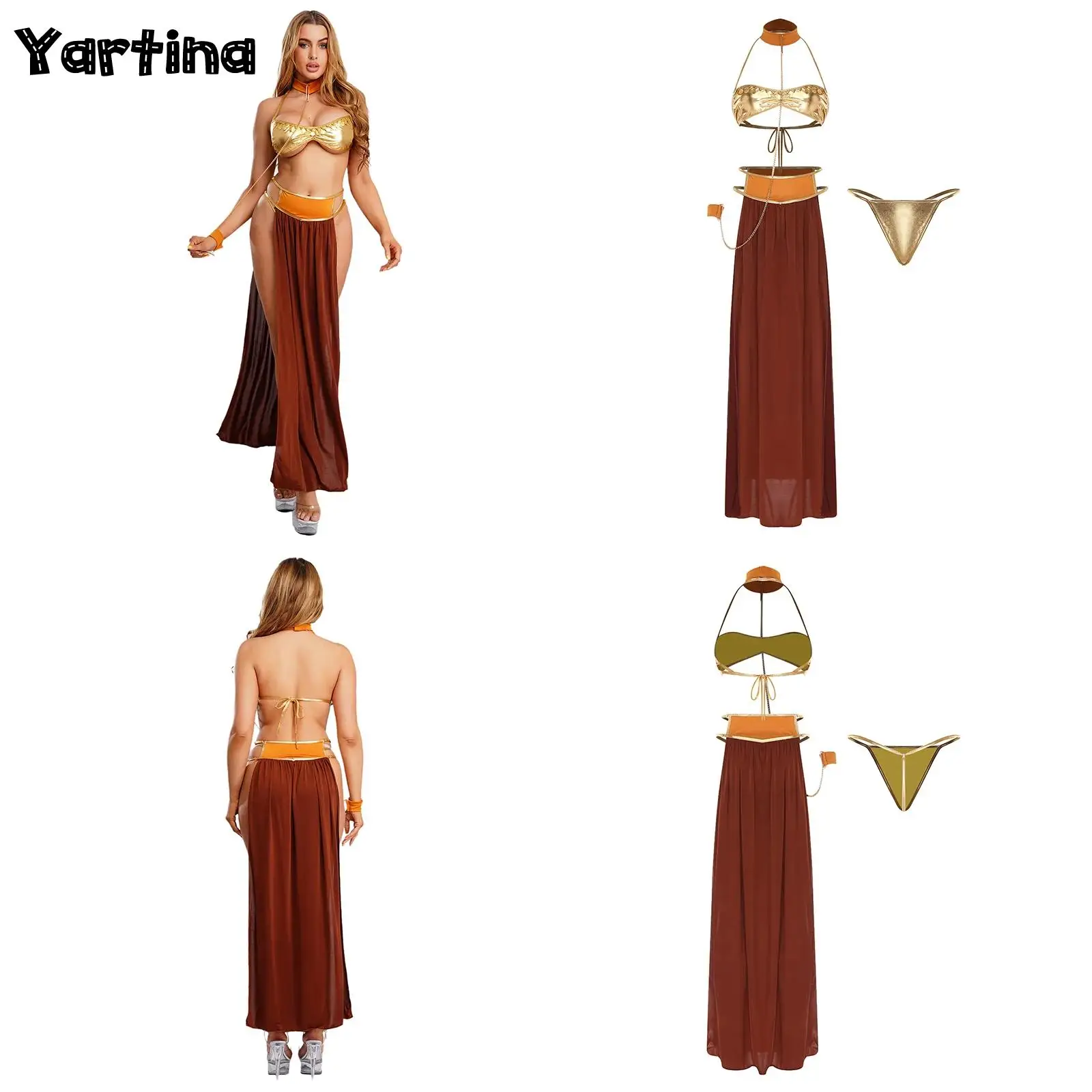 

Womens Arabian Princess Belly Dance Outfits Performance Costume Metallic Bra T-back Thong Chain Linked Choker Split Maxi Skirt