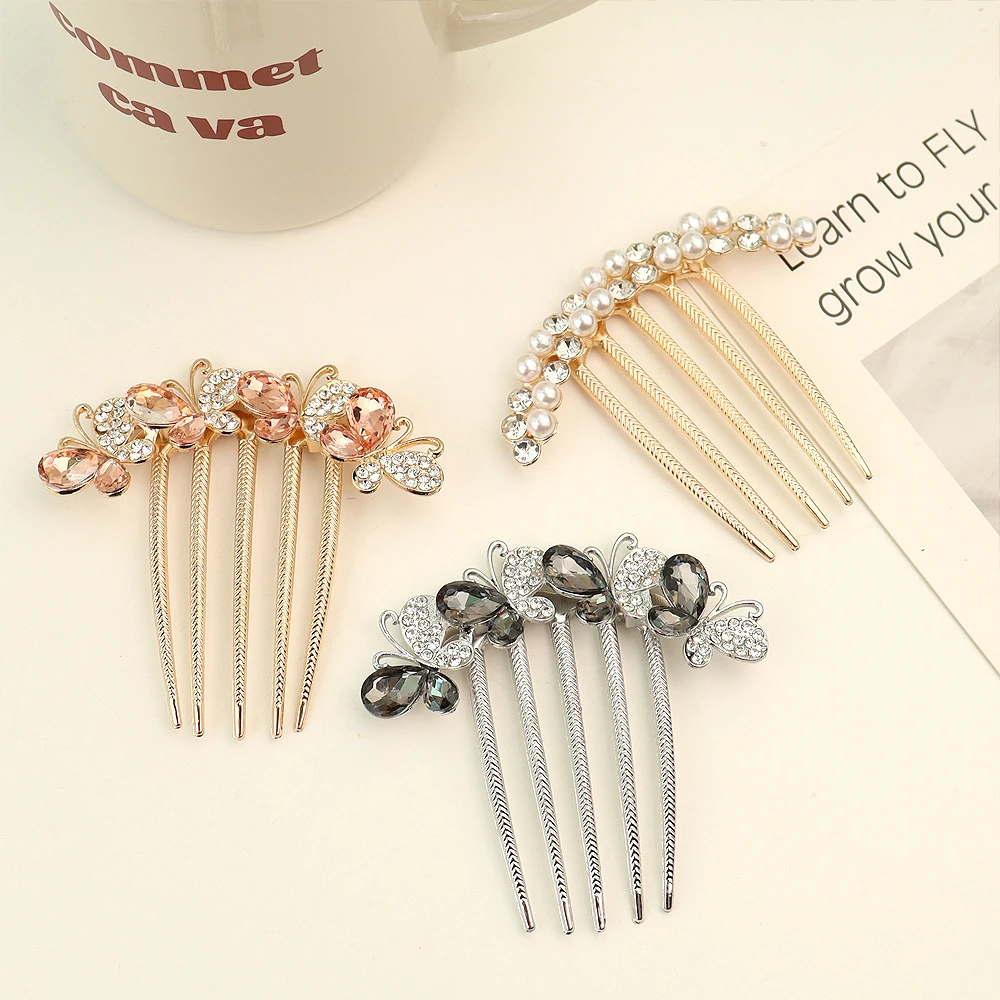 New Metal Plug Comb Temperament Butterfly Highlight Pearl Hair Comb Plate Hairpin Headgear