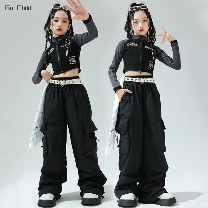 Girls Hip Hop Cropped Jacket Loose Cargo Pants Clothes Sets Children Street Dance Short Coat Kids Streetwear Jazz Stage Costumes