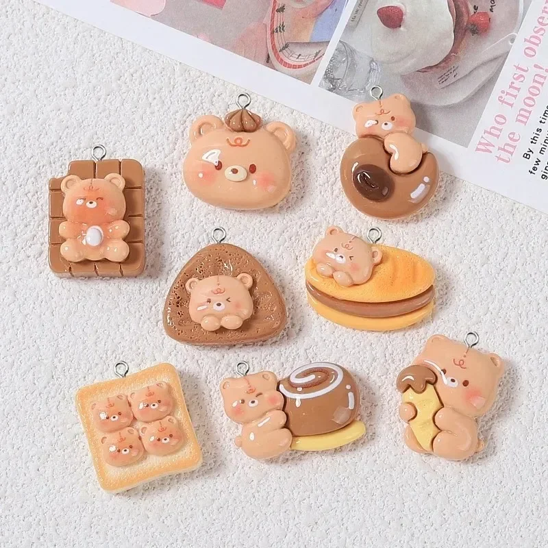 10Pcs Cute Cartoon Bear Bread Toast Coffee Resin Pendants Handmade Charms DIY Jewelry Supplies For Keychains Earrings