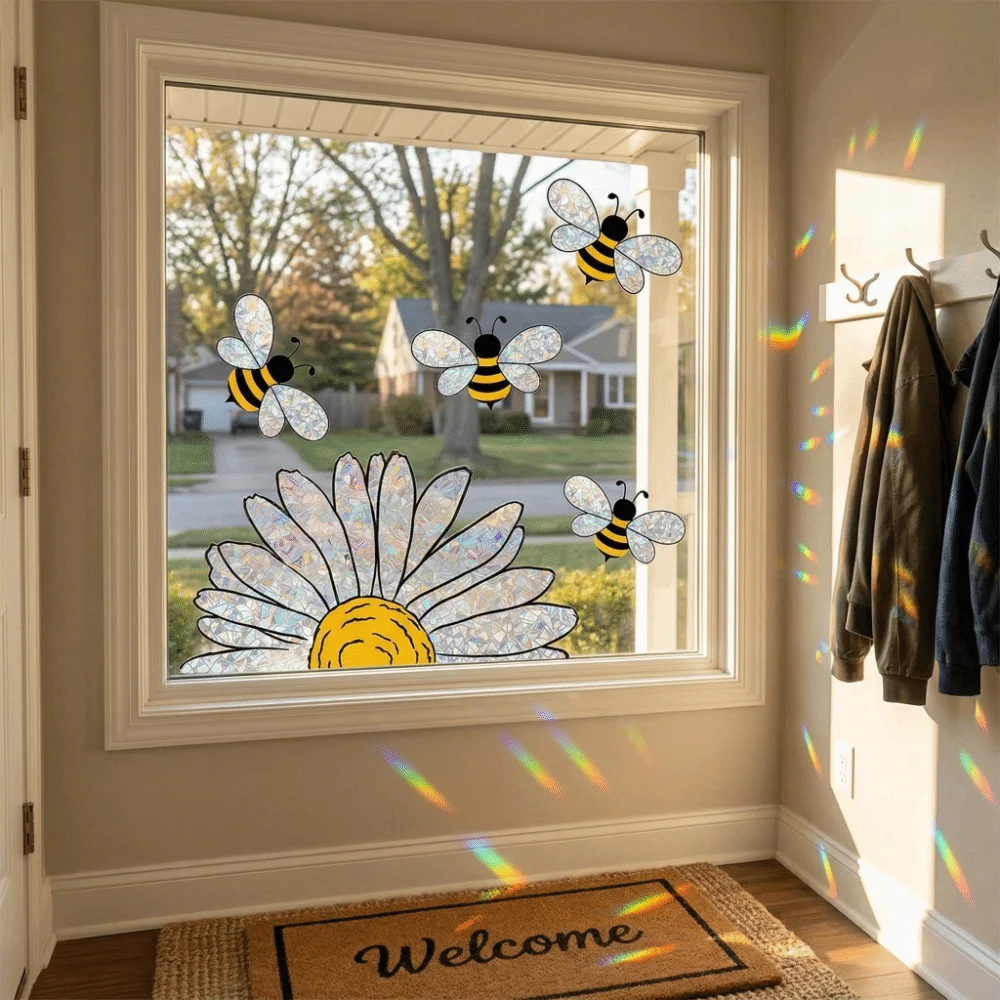 Cute Waterproof Bee Window Stickers Removable DIY Bee Glass Sticker Self-adhesive Home Decor Sunflower Wall Decals Bedroom view 5