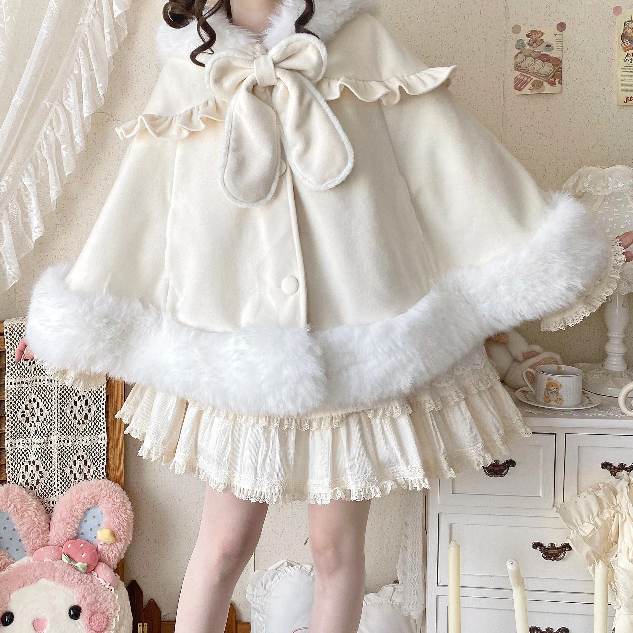 Original Japanese Soft Girls Kawaii Hooded Cloak Autumn Winter New Woman's Cute Bow Plush Thickened Lolita Short Jacket Capes
