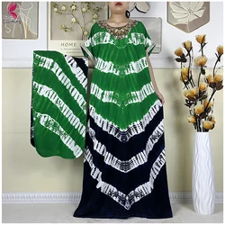 2024Latest African Abaya Women Dashiki Summer Short Sleeve Dubai Fashion Printed Cotton Robe Muslim Femme Loose Dress With Scarf
