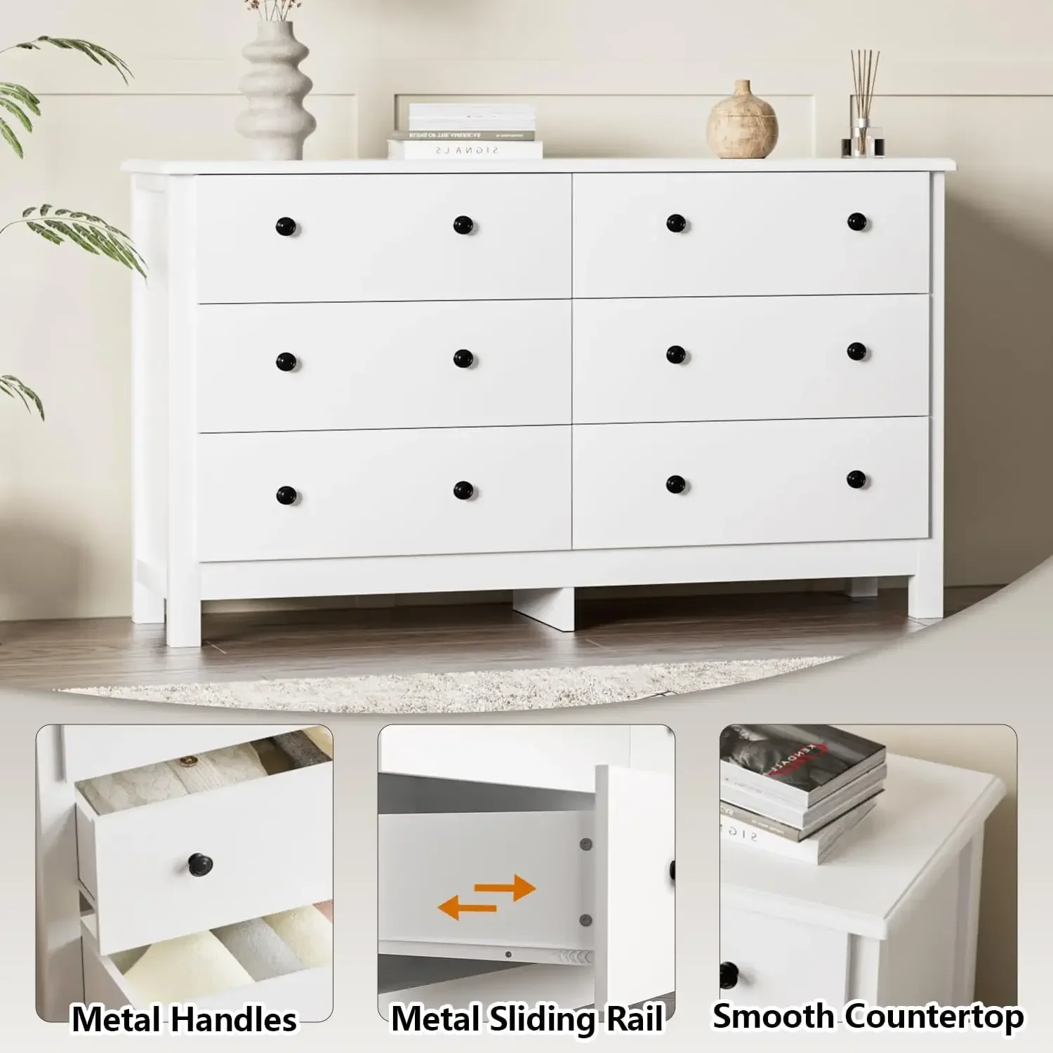 Modern 6 Drawer Double Dresser for Bedroom Adults & Kids with Black Pulls, Wide Dressers & Chests of Drawers, 6 Drawer Dressers