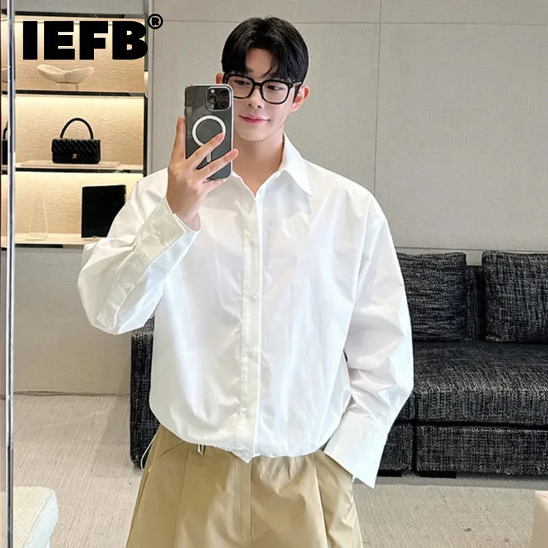 IEFB Korean Style Men's Shirts Casual Solid Color Long Sleeve Turn-down Collar Male Loose Tops Drawstring New Trend Spring 6197