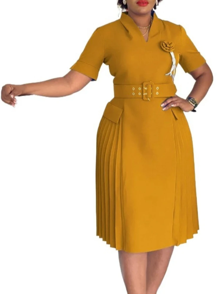 

Elegant V-neck Solid Color plus Size Pleated High-Waisted Dress for Women Fashionable 2025 A-Line Midi Dress