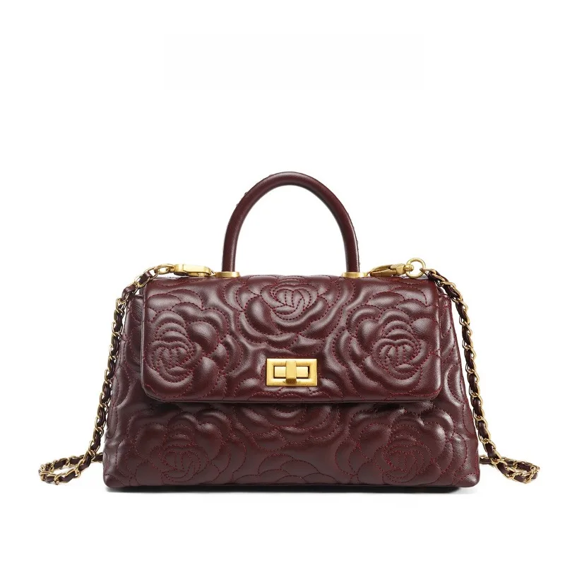 

Vintage Style Small Square Leather Crossbody Bag for Women Embroidered Tea Rose Pattern Feel Chain Handbag