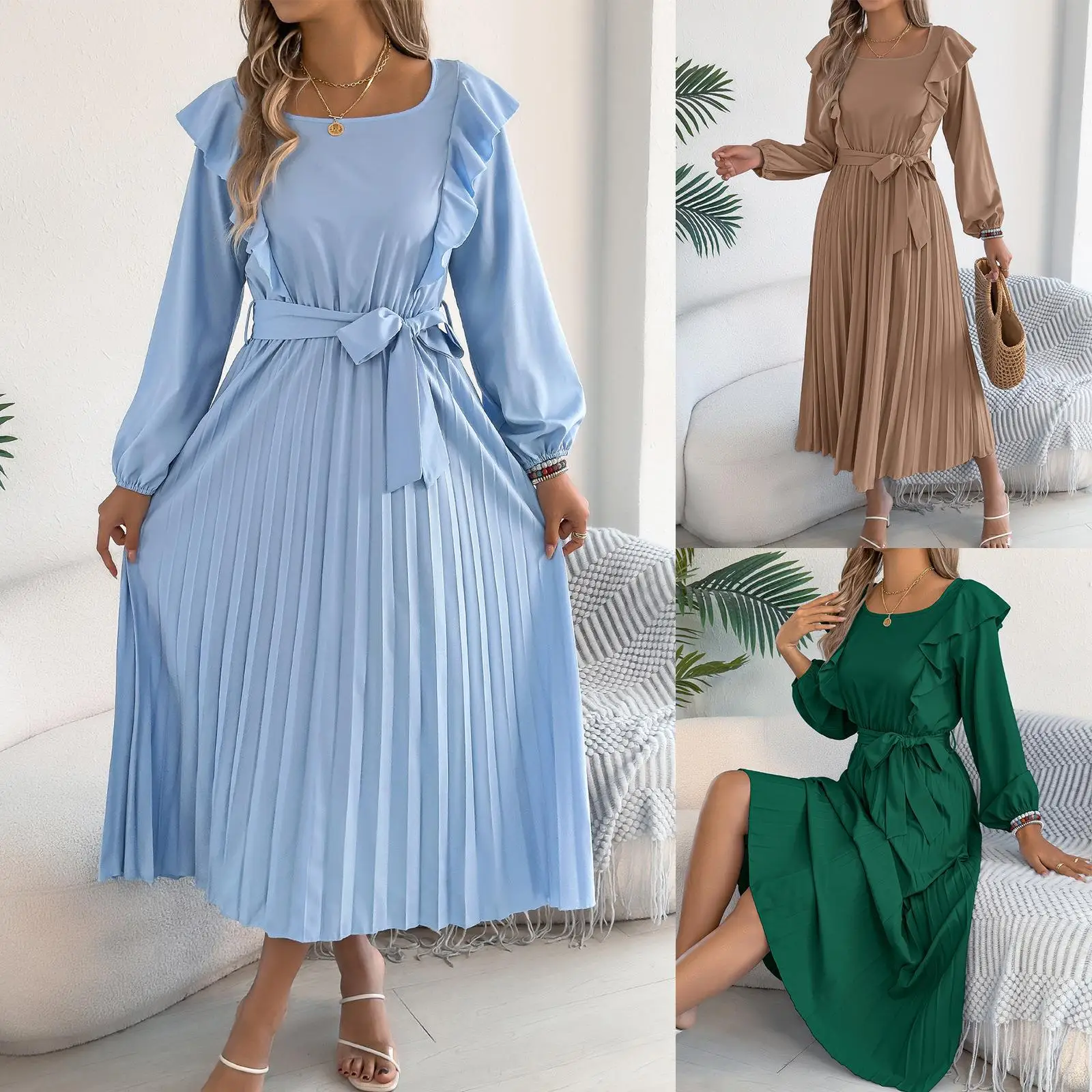 

Ele Long Sve с запахом на талии, плиссированное платье, весна, лето, осень, женская одежда через плечо с квадратным воротником, Faionable Ele